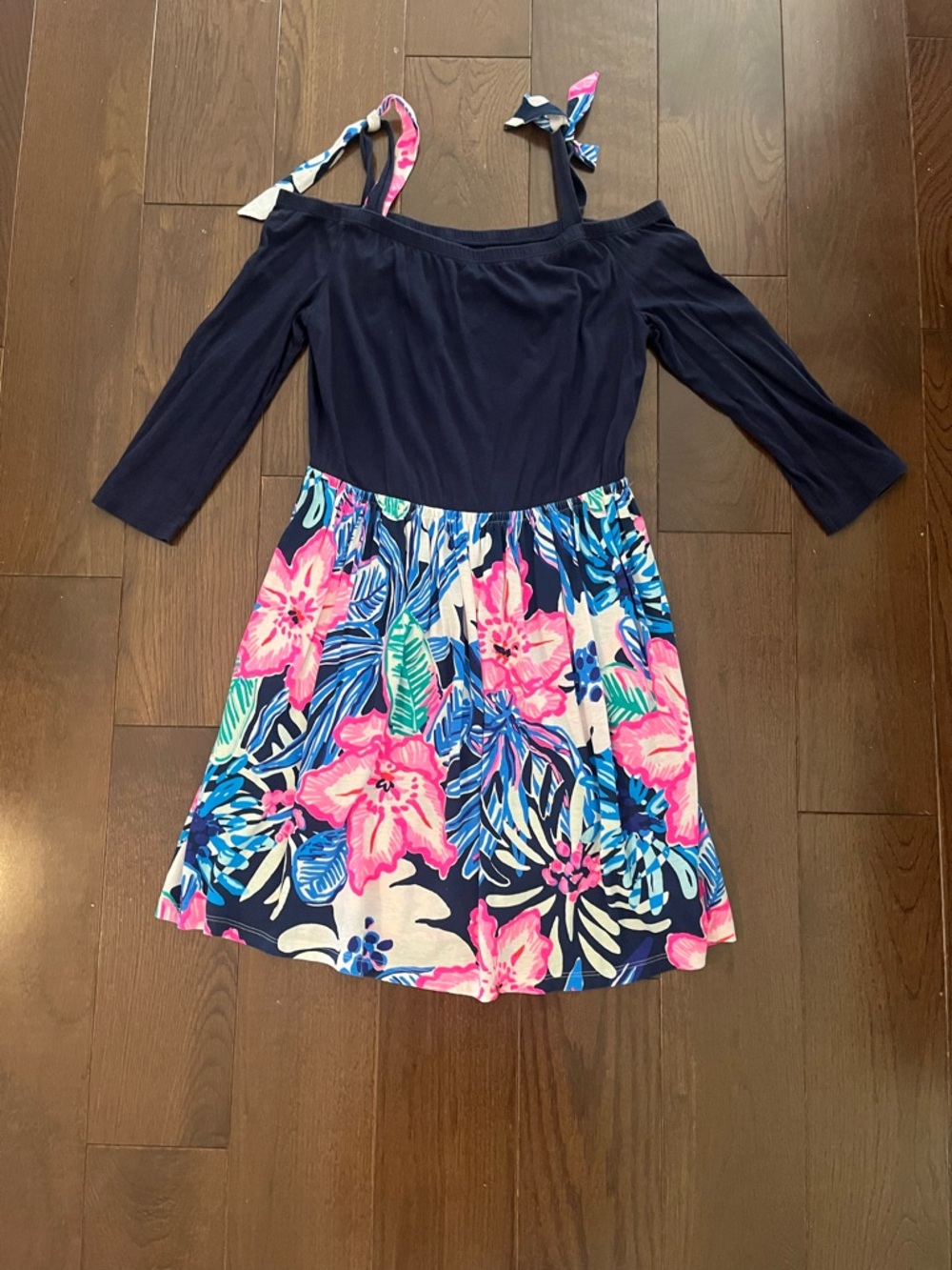 Lilly Pulitzer Navy Cold-Shoulder Dress with Pink & Blue Floral Skirt